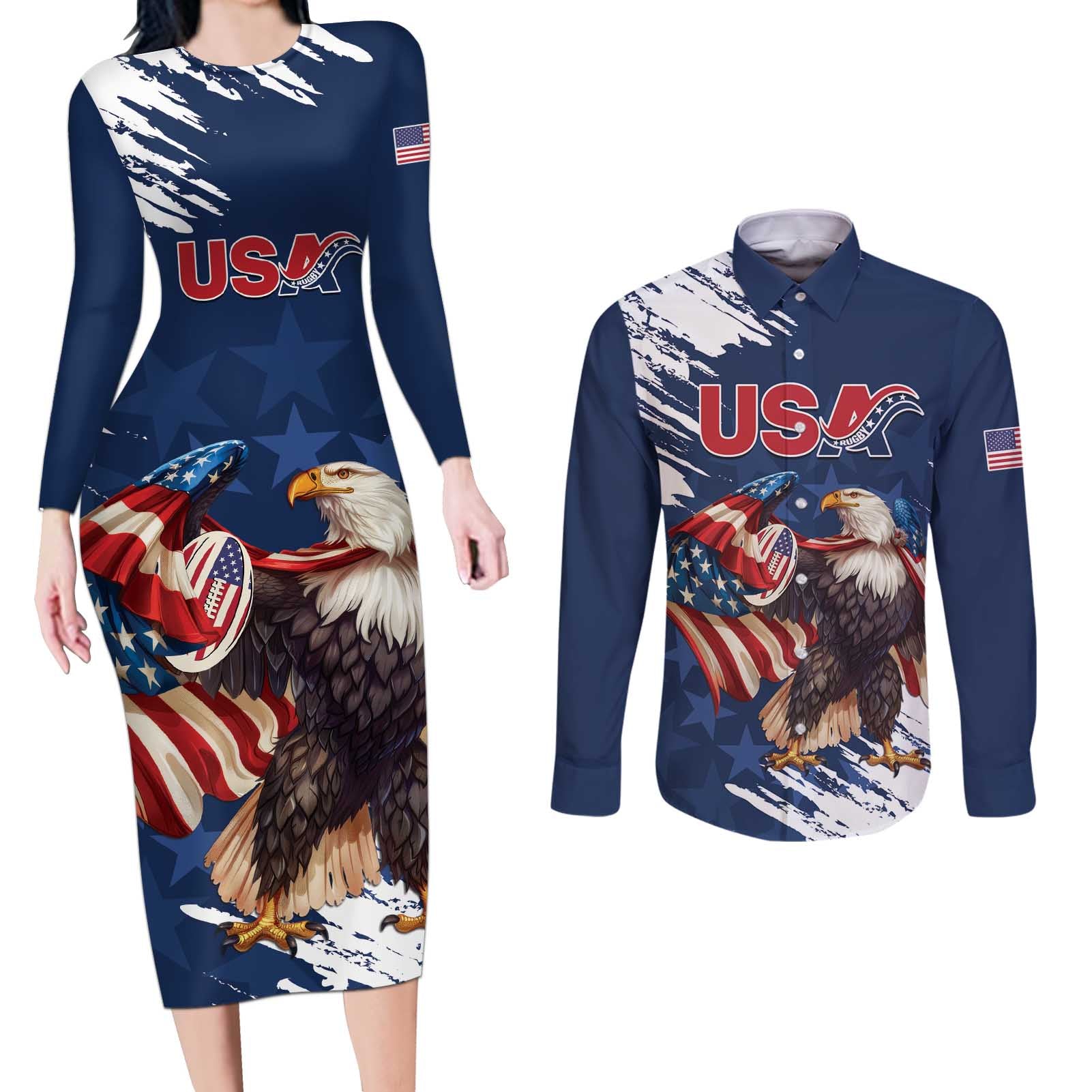 Custom USA Rugby Couples Matching Long Sleeve Bodycon Dress and Long Sleeve Button Shirt Powerful Eagle Grunge Brush Style - Blue - Wonder Print Shop