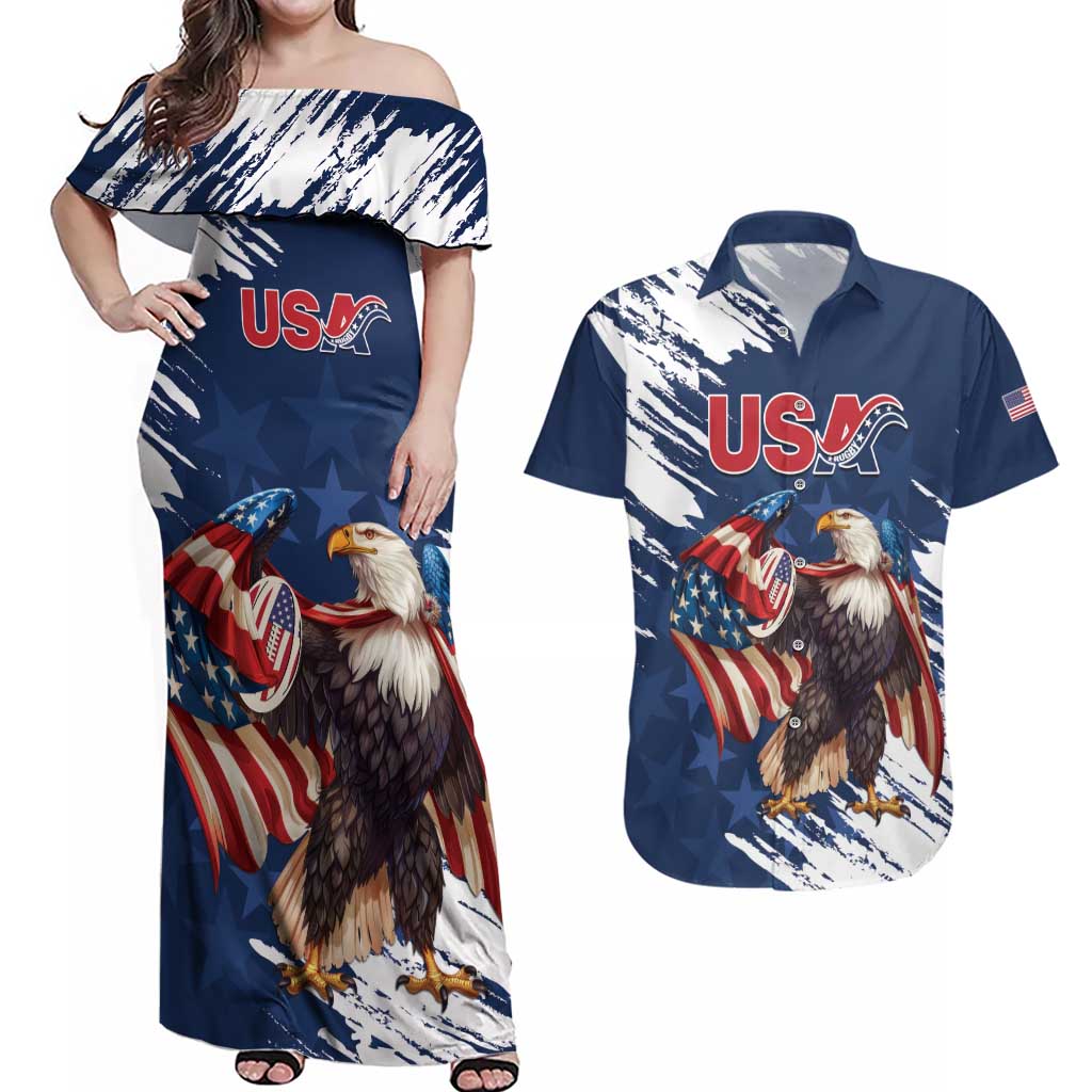 Custom USA Rugby Couples Matching Off Shoulder Maxi Dress and Hawaiian Shirt Powerful Eagle Grunge Brush Style - Blue - Wonder Print Shop