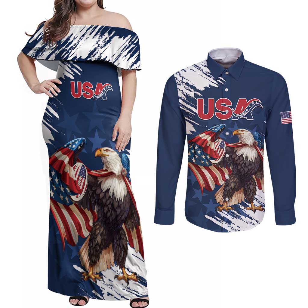 Custom USA Rugby Couples Matching Off Shoulder Maxi Dress and Long Sleeve Button Shirt Powerful Eagle Grunge Brush Style - Blue - Wonder Print Shop