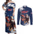 Custom USA Rugby Couples Matching Off Shoulder Maxi Dress and Long Sleeve Button Shirt Powerful Eagle Grunge Brush Style - Blue - Wonder Print Shop