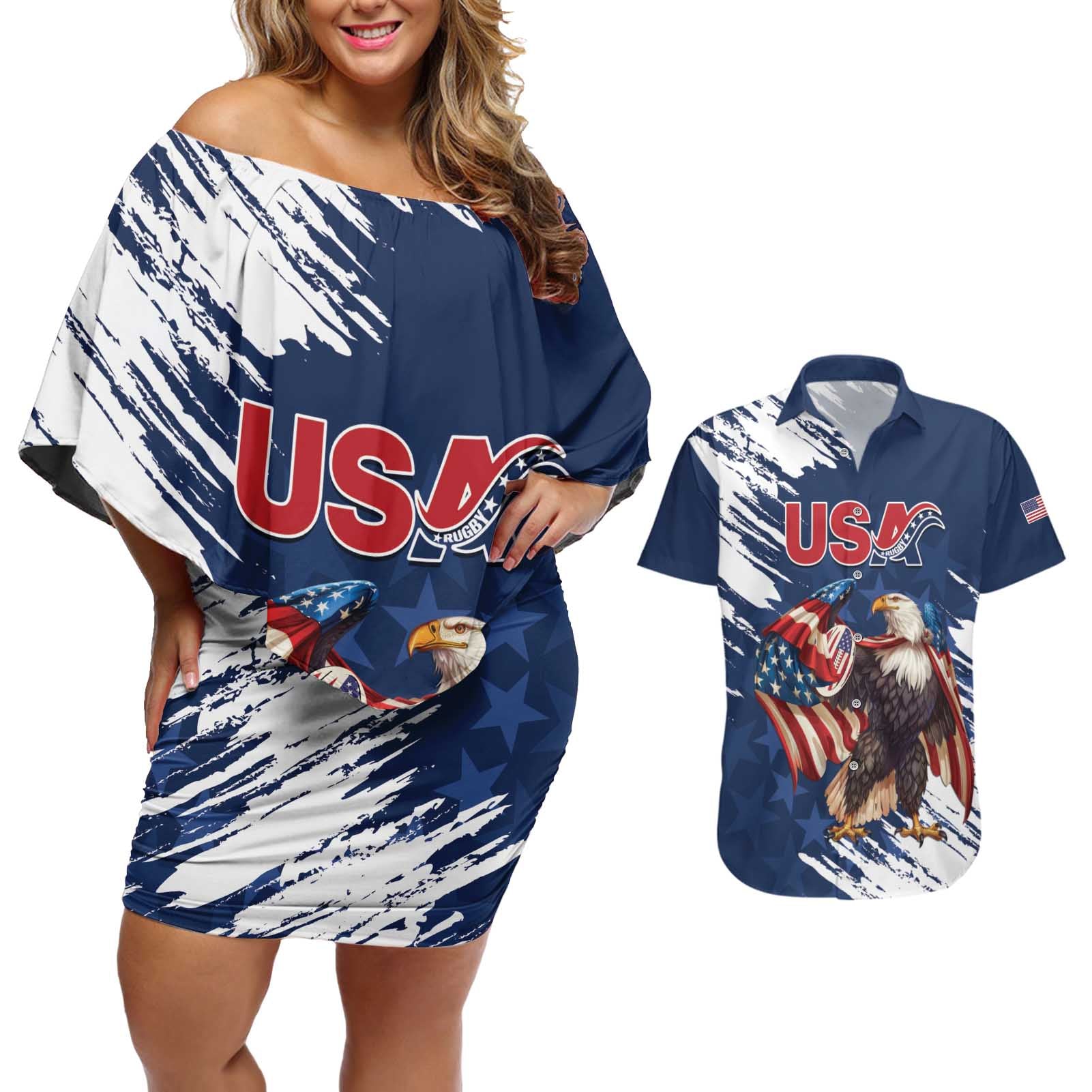 Custom USA Rugby Couples Matching Off Shoulder Short Dress and Hawaiian Shirt Powerful Eagle Grunge Brush Style - Blue - Wonder Print Shop