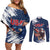 Custom USA Rugby Couples Matching Off Shoulder Short Dress and Long Sleeve Button Shirt Powerful Eagle Grunge Brush Style - Blue - Wonder Print Shop