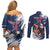 Custom USA Rugby Couples Matching Off Shoulder Short Dress and Long Sleeve Button Shirt Powerful Eagle Grunge Brush Style - Blue - Wonder Print Shop