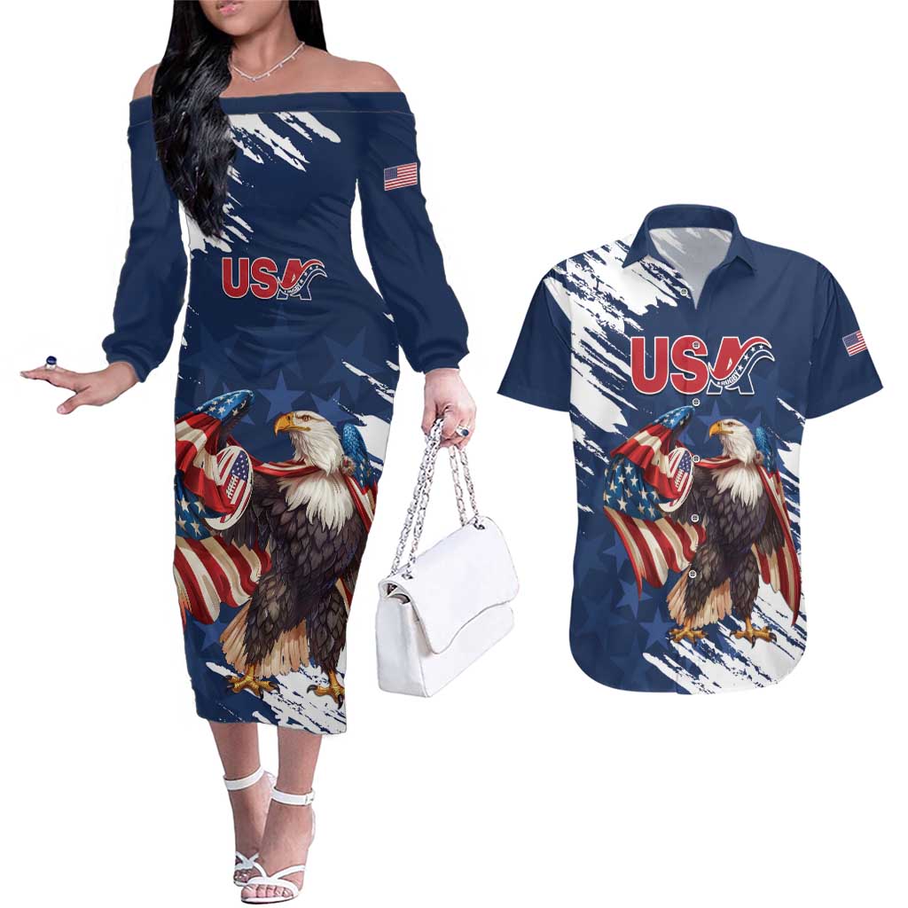 Custom USA Rugby Couples Matching Off The Shoulder Long Sleeve Dress and Hawaiian Shirt Powerful Eagle Grunge Brush Style - Blue - Wonder Print Shop