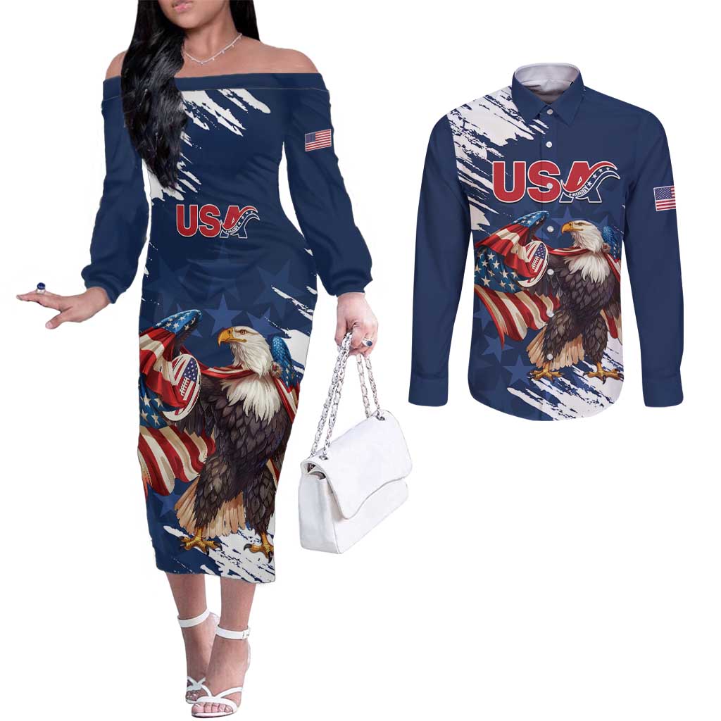 Custom USA Rugby Couples Matching Off The Shoulder Long Sleeve Dress and Long Sleeve Button Shirt Powerful Eagle Grunge Brush Style - Blue