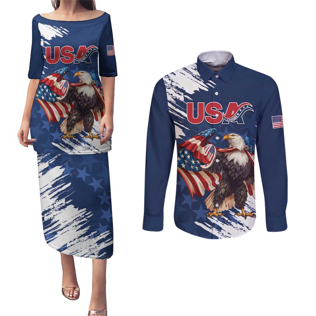 Custom USA Rugby Couples Matching Puletasi and Long Sleeve Button Shirt Powerful Eagle Grunge Brush Style - Blue - Wonder Print Shop