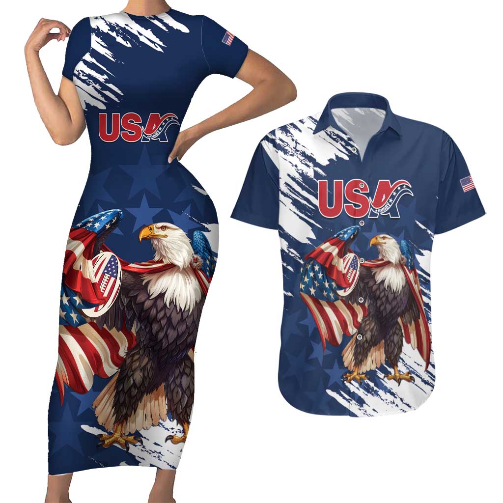 Custom USA Rugby Couples Matching Short Sleeve Bodycon Dress and Hawaiian Shirt Powerful Eagle Grunge Brush Style - Blue - Wonder Print Shop