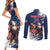 Custom USA Rugby Couples Matching Short Sleeve Bodycon Dress and Long Sleeve Button Shirt Powerful Eagle Grunge Brush Style - Blue - Wonder Print Shop