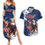 Custom USA Rugby Couples Matching Summer Maxi Dress and Hawaiian Shirt Powerful Eagle Grunge Brush Style - Blue - Wonder Print Shop