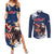 Custom USA Rugby Couples Matching Summer Maxi Dress and Long Sleeve Button Shirt Powerful Eagle Grunge Brush Style - Blue - Wonder Print Shop