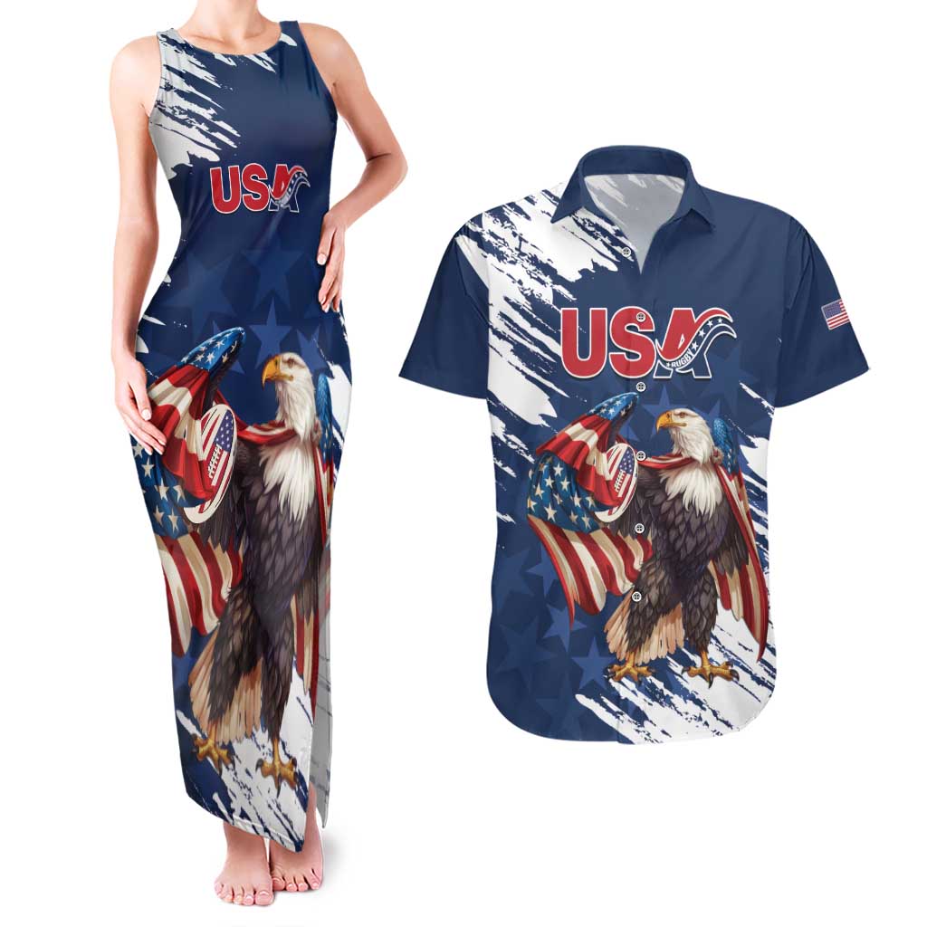 Custom USA Rugby Couples Matching Tank Maxi Dress and Hawaiian Shirt Powerful Eagle Grunge Brush Style - Blue - Wonder Print Shop