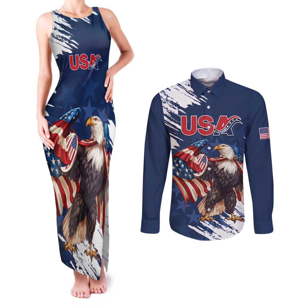 Custom USA Rugby Couples Matching Tank Maxi Dress and Long Sleeve Button Shirt Powerful Eagle Grunge Brush Style - Blue - Wonder Print Shop