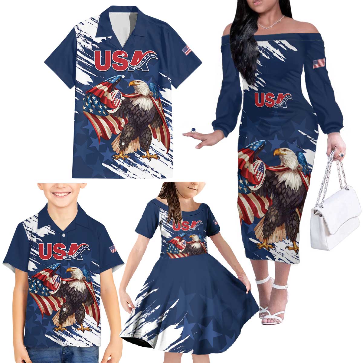 Custom USA Rugby Family Matching Off The Shoulder Long Sleeve Dress and Hawaiian Shirt Powerful Eagle Grunge Brush Style - Blue - Wonder Print Shop