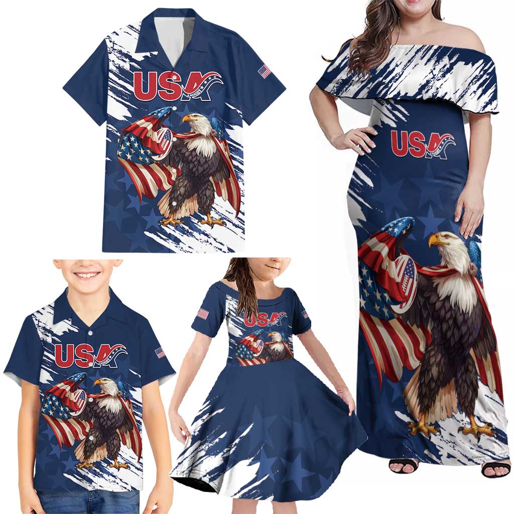 Custom USA Rugby Family Matching Off Shoulder Maxi Dress and Hawaiian Shirt Powerful Eagle Grunge Brush Style - Blue - Wonder Print Shop