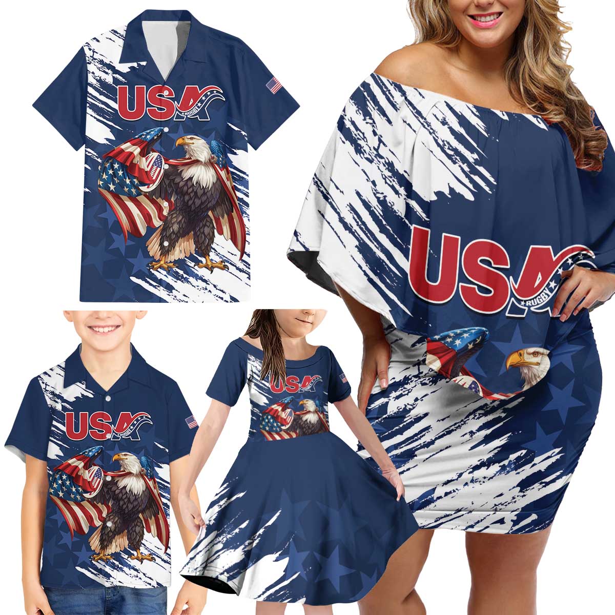 Custom USA Rugby Family Matching Off Shoulder Short Dress and Hawaiian Shirt Powerful Eagle Grunge Brush Style - Blue - Wonder Print Shop