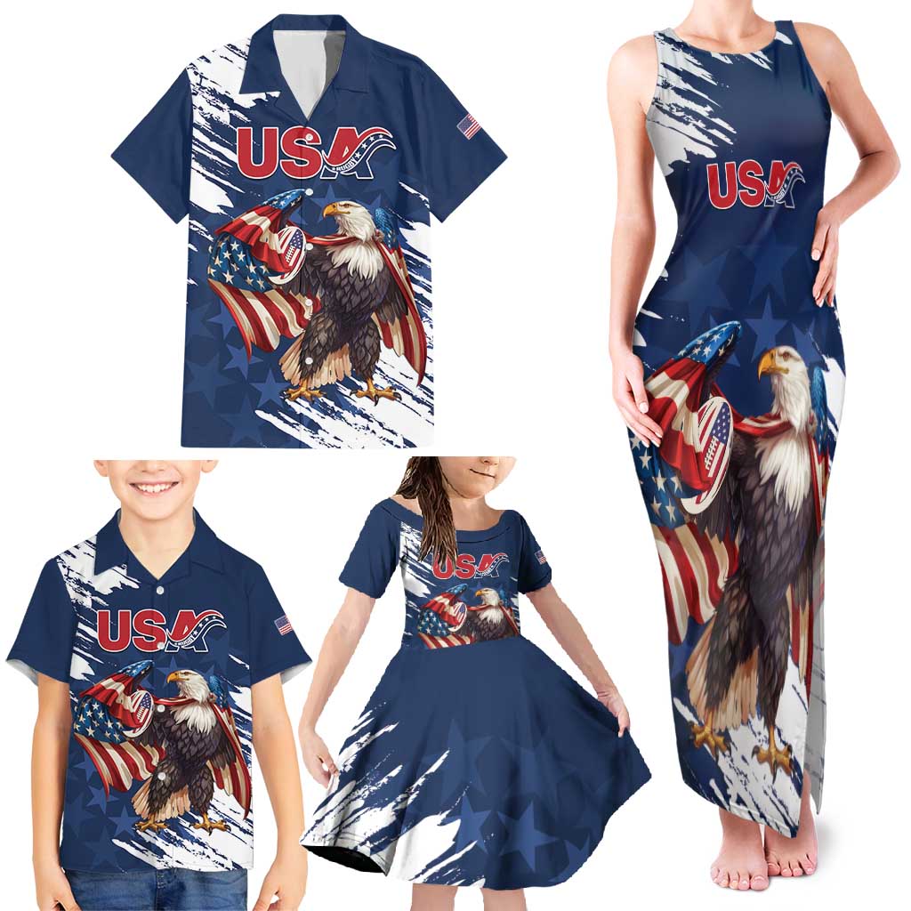 Custom USA Rugby Family Matching Tank Maxi Dress and Hawaiian Shirt Powerful Eagle Grunge Brush Style - Blue - Wonder Print Shop