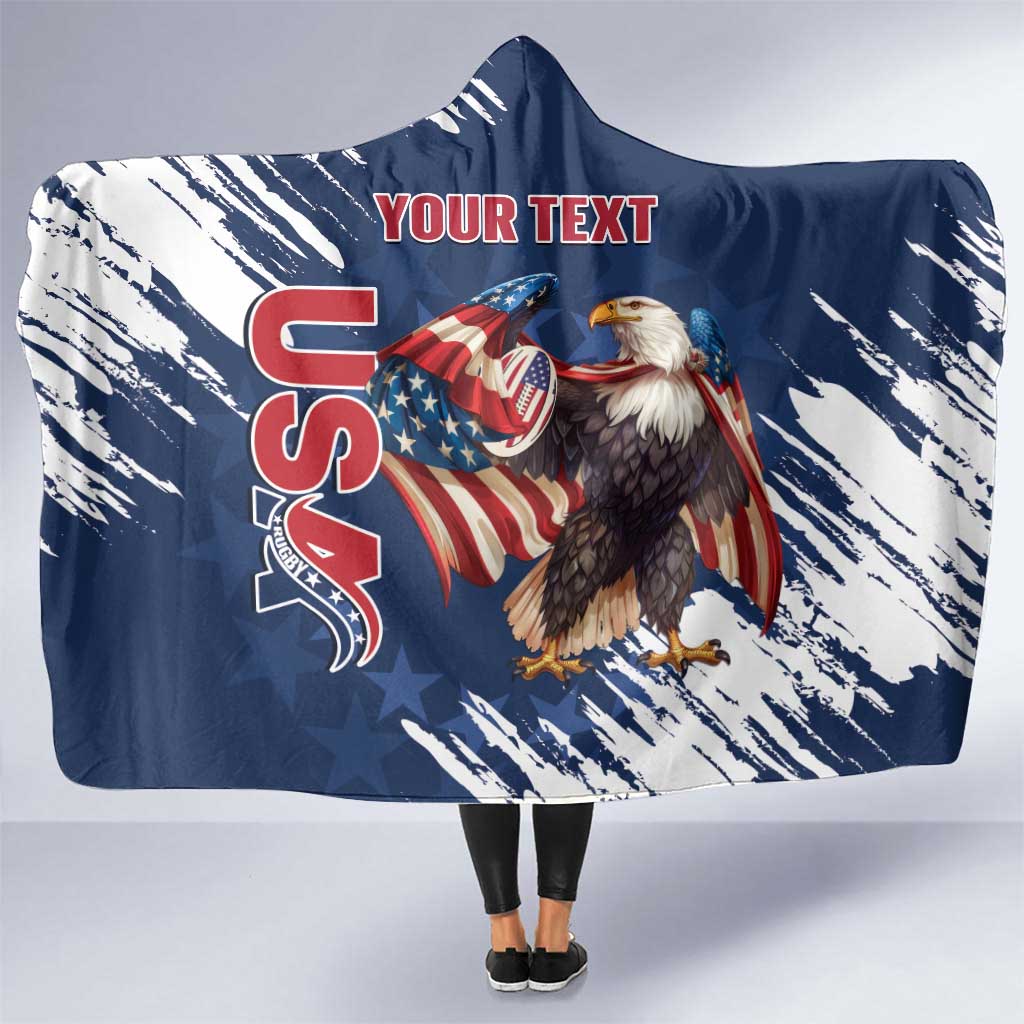 Custom USA Rugby Hooded Blanket Powerful Eagle Grunge Brush Style - Blue