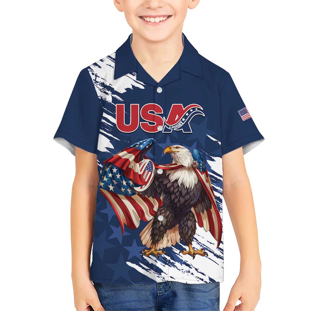 Custom USA Rugby Kid Hawaiian Shirt Powerful Eagle Grunge Brush Style - Blue - Wonder Print Shop