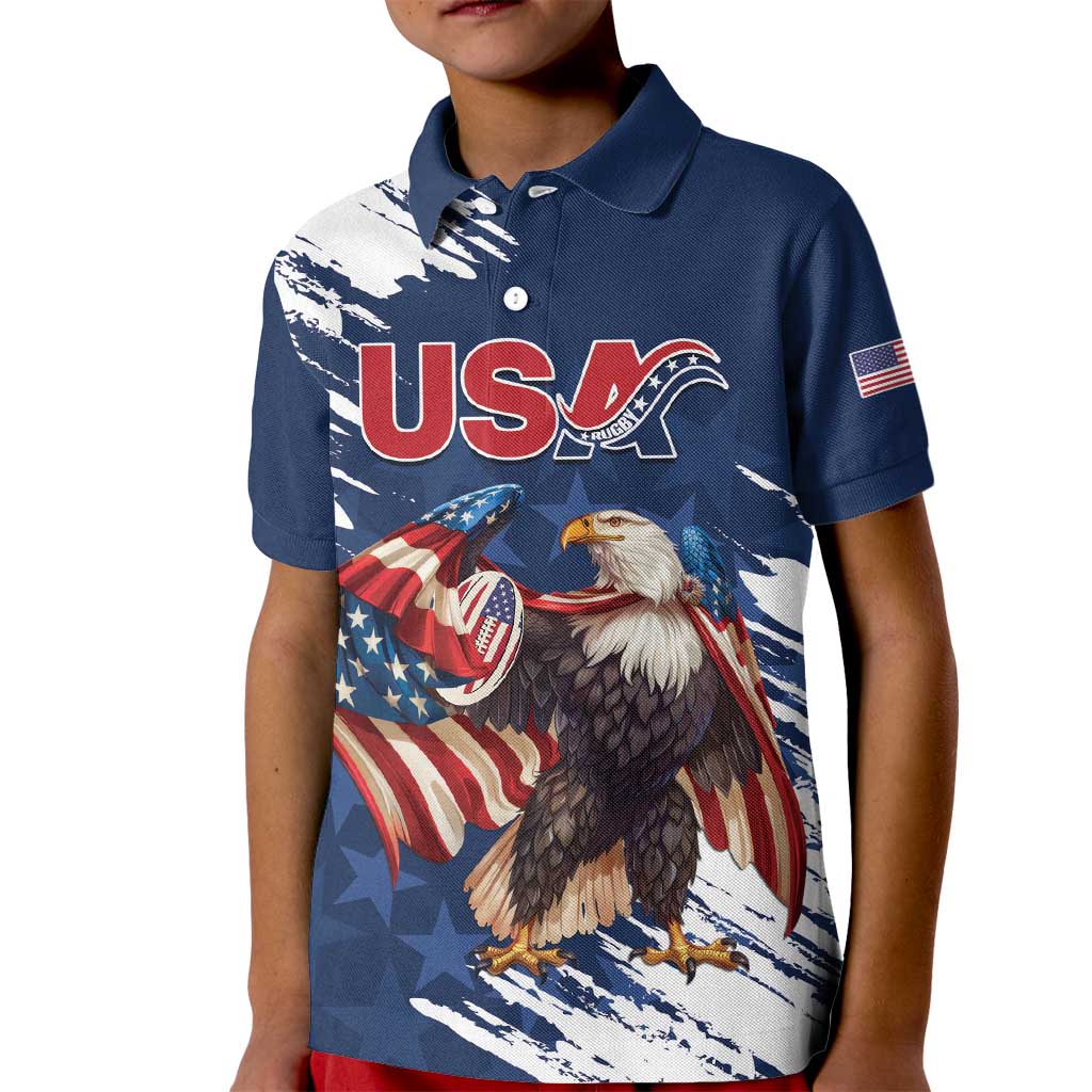 Custom USA Rugby Kid Polo Shirt Powerful Eagle Grunge Brush Style - Blue - Wonder Print Shop