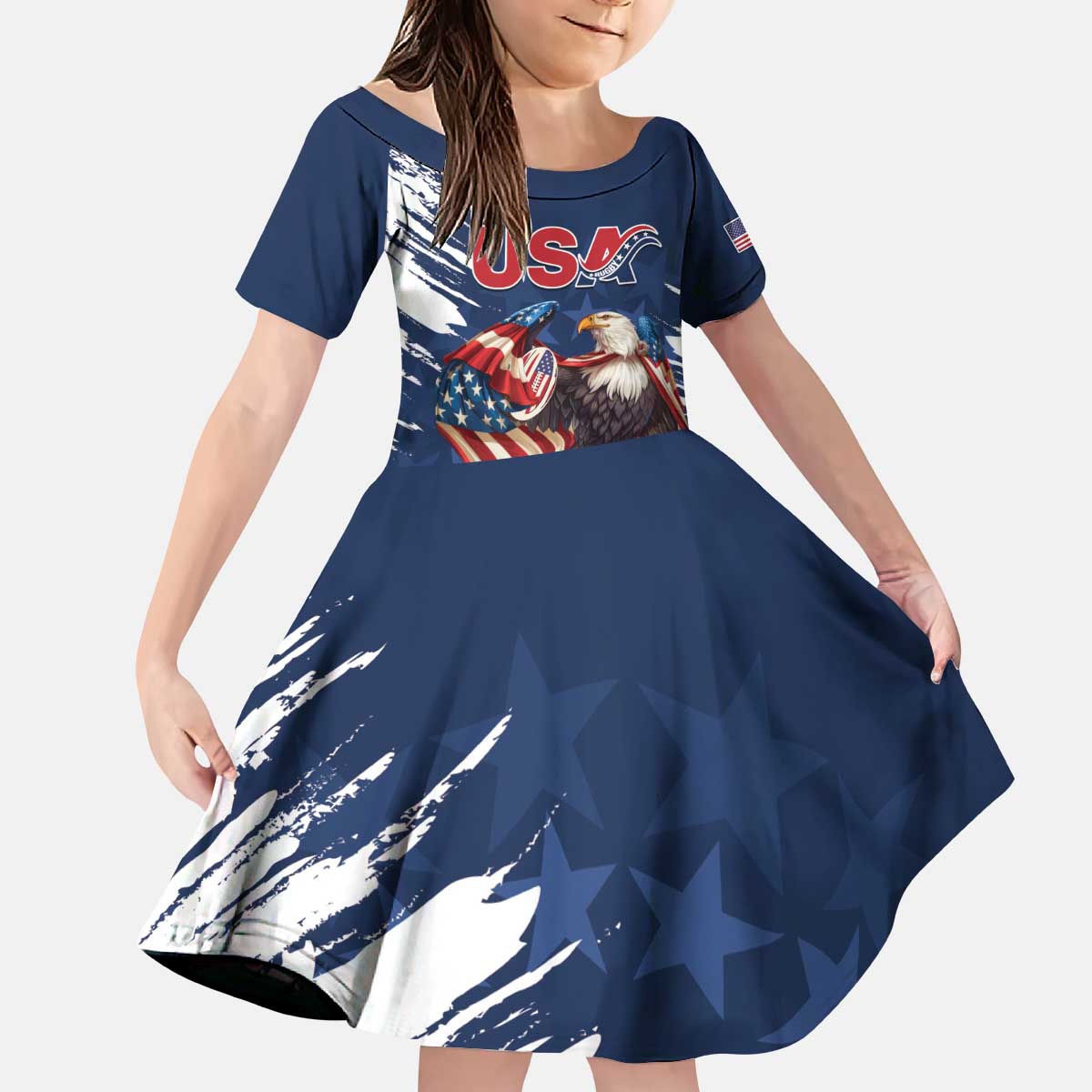 Custom USA Rugby Kid Short Sleeve Dress Powerful Eagle Grunge Brush Style - Blue - Wonder Print Shop