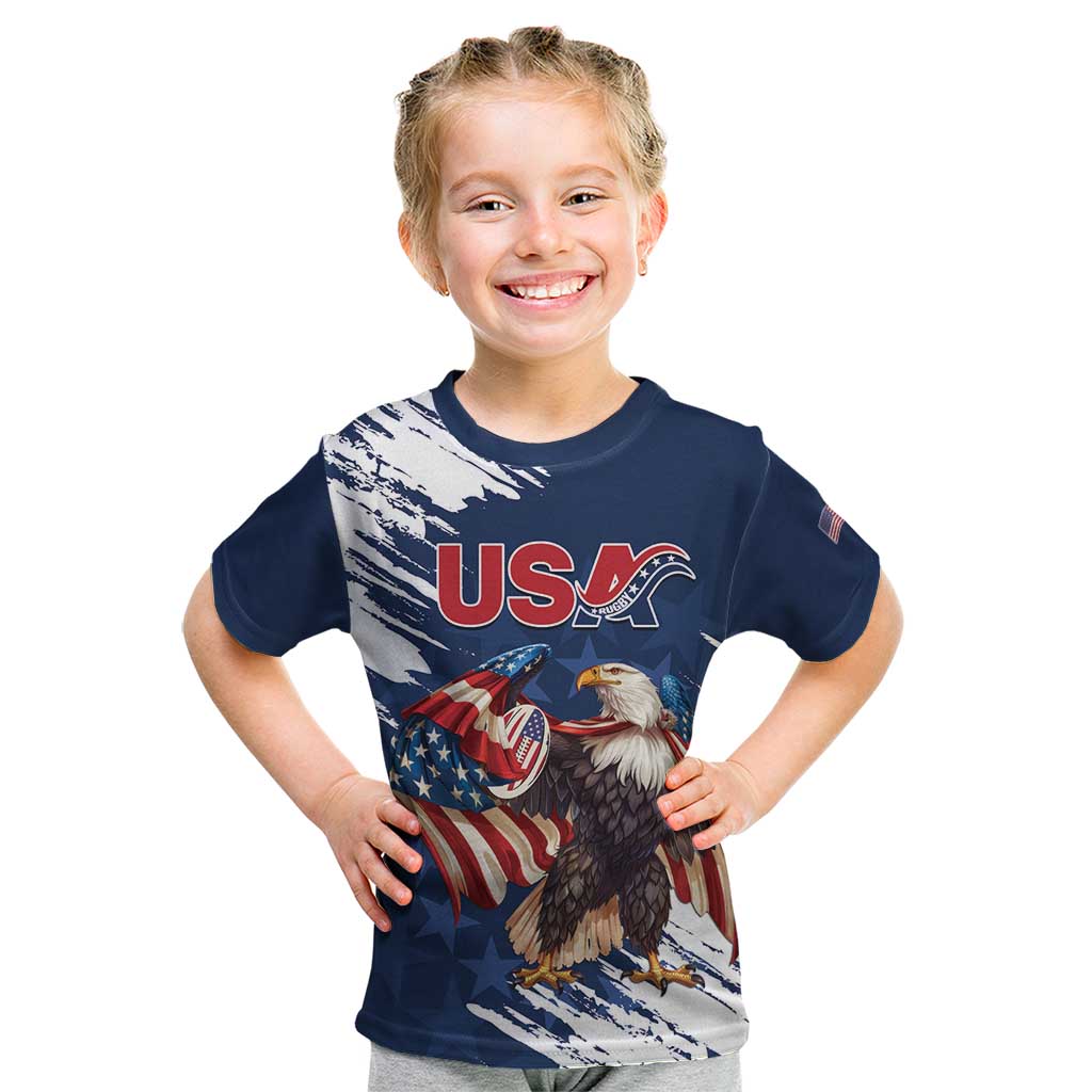 Custom USA Rugby Kid T Shirt Powerful Eagle Grunge Brush Style - Blue - Wonder Print Shop