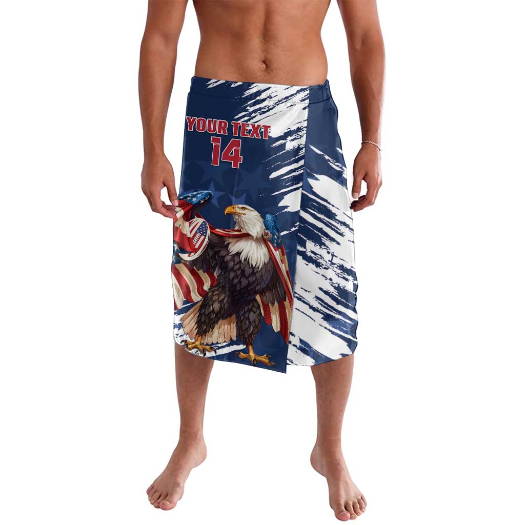 Blue knee-length swim shorts with wrap-style front, eagle graphic and grunge brush stripes