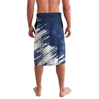 Blue knee-length swim shorts with elastic waistband, white brush streak pattern and stars