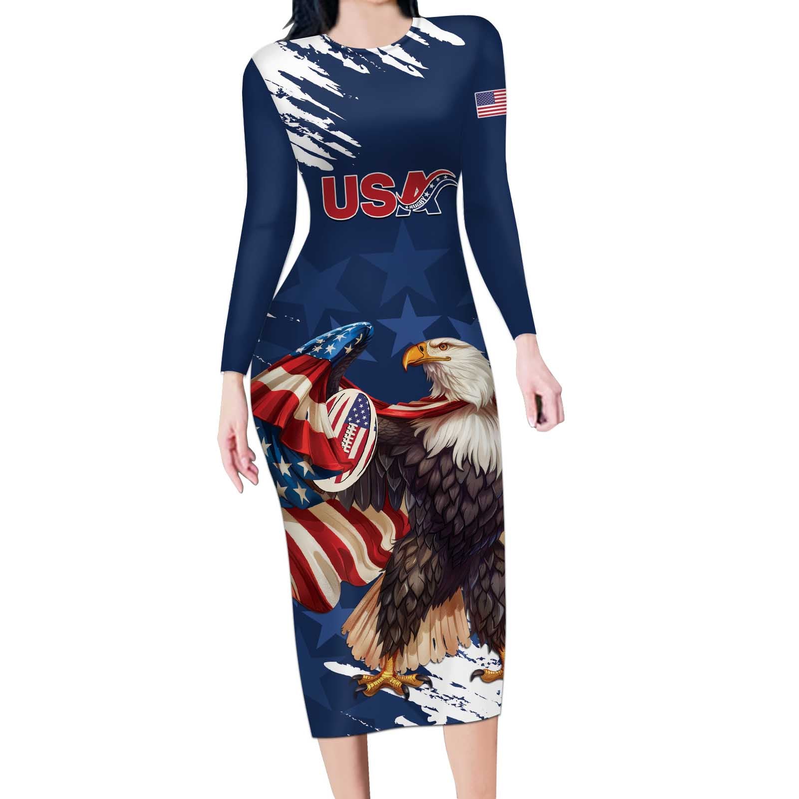 Custom USA Rugby Long Sleeve Bodycon Dress Powerful Eagle Grunge Brush Style - Blue - Wonder Print Shop