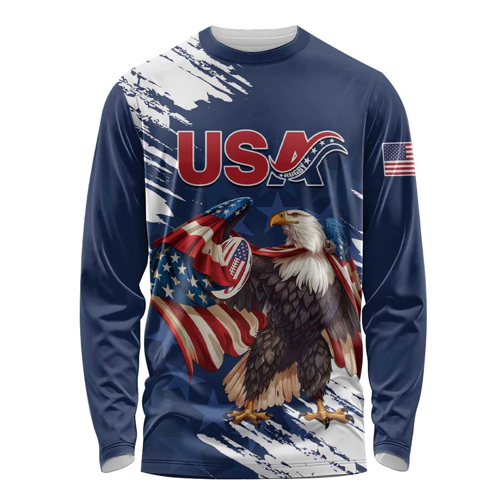 Custom USA Rugby Long Sleeve Shirt Powerful Eagle Grunge Brush Style - Blue - Wonder Print Shop