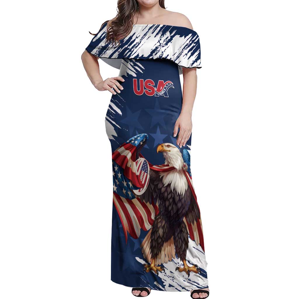 Custom USA Rugby Off Shoulder Maxi Dress Powerful Eagle Grunge Brush Style - Blue - Wonder Print Shop