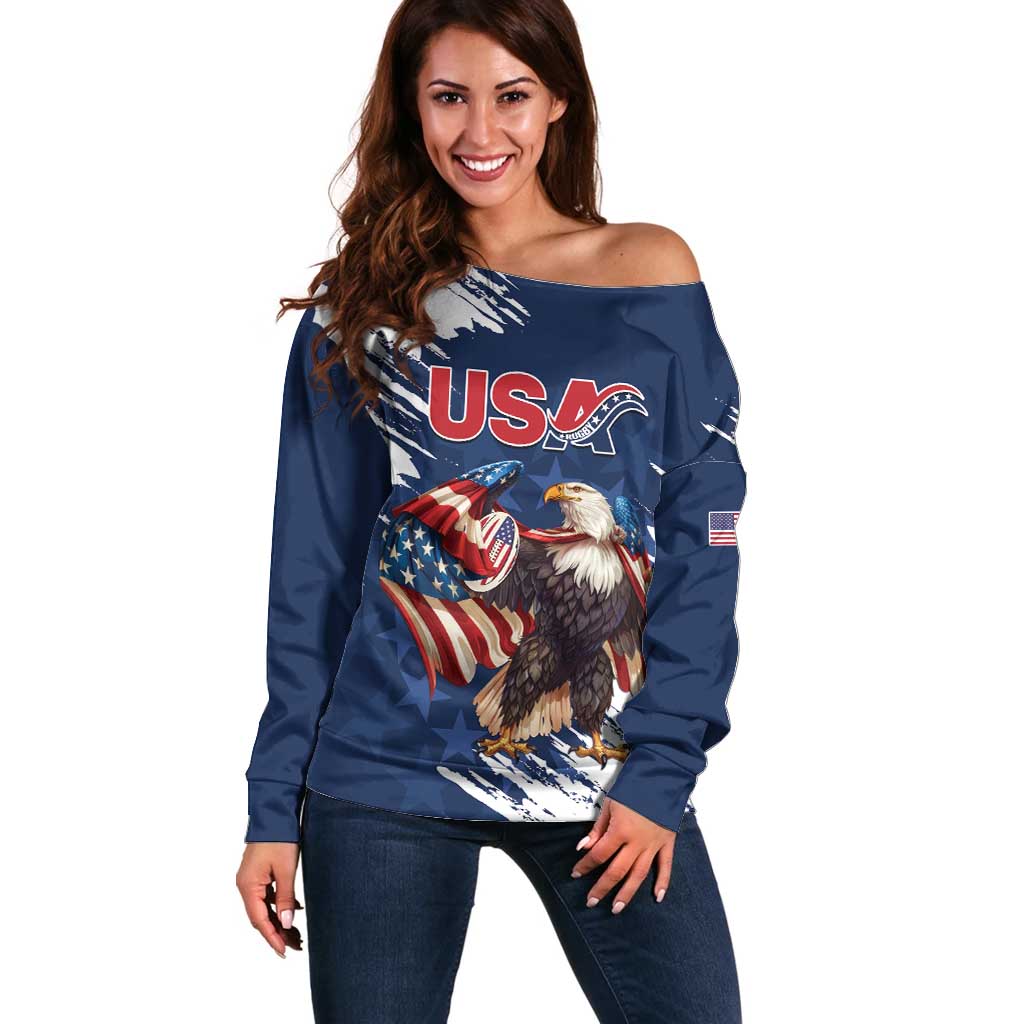 Custom USA Rugby Off Shoulder Sweater Powerful Eagle Grunge Brush Style - Blue - Wonder Print Shop