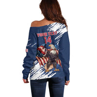 Women’s off-shoulder sweatshirt back with blue, white brush splatter and eagle/14