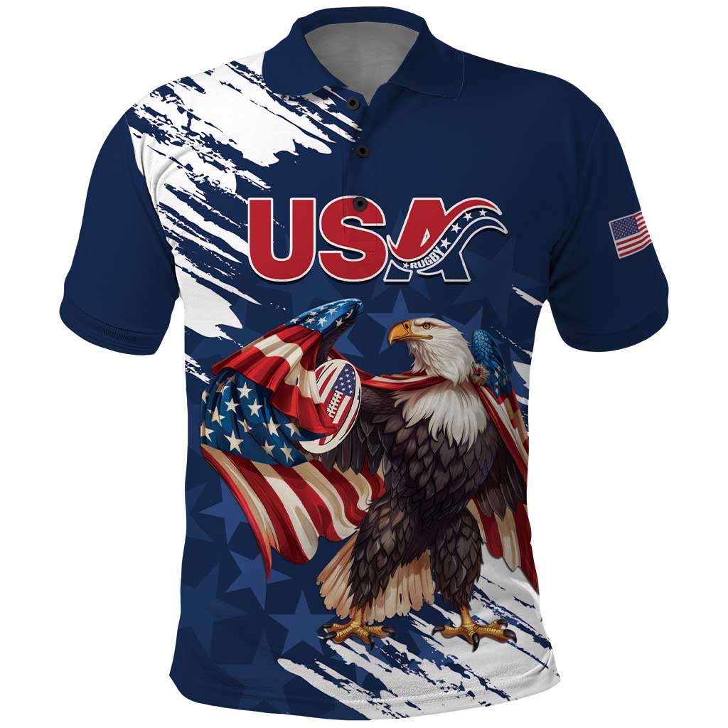 Custom USA Rugby Polo Shirt Powerful Eagle Grunge Brush Style - Blue - Wonder Print Shop