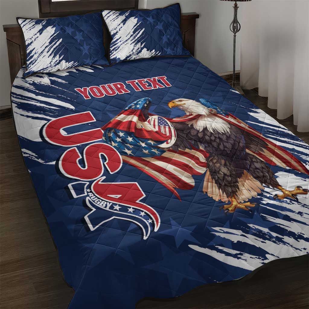 Custom USA Rugby Quilt Bed Set Powerful Eagle Grunge Brush Style - Blue