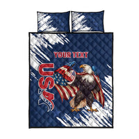 Blue quilt and pillow set with eagle graphic, US stripes, and custom text