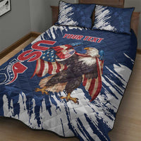 Blue quilt and pillow bed set with eagle, rugby star emblem, and custom text