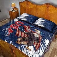 Blue quilt and pillow set with eagle over US flag stripes and custom text