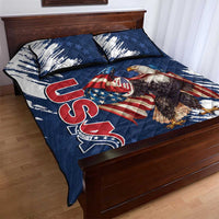Blue quilt and pillow set with eagle, large rugby USA lettering, and custom text