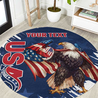 Blue round rugby rug with eagle and flag grunge brush design, custom text centered