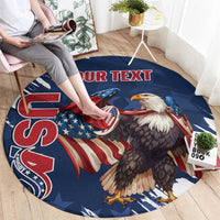 Blue round rugby rug with eagle and flag grunge brush design, custom text across top