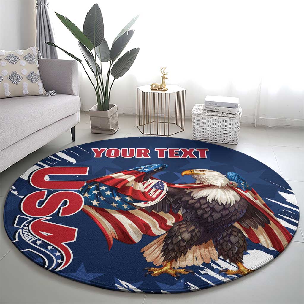 Blue round rugby rug with eagle, stars-and-stripes flag, grunge brush artwork and custom text