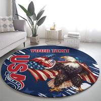 Blue round rugby rug with eagle, stars-and-stripes flag, grunge brush artwork and custom text