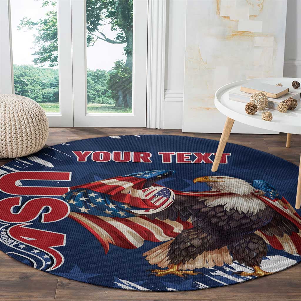 Blue round rugby rug with eagle and flag grunge brush artwork, custom text near top