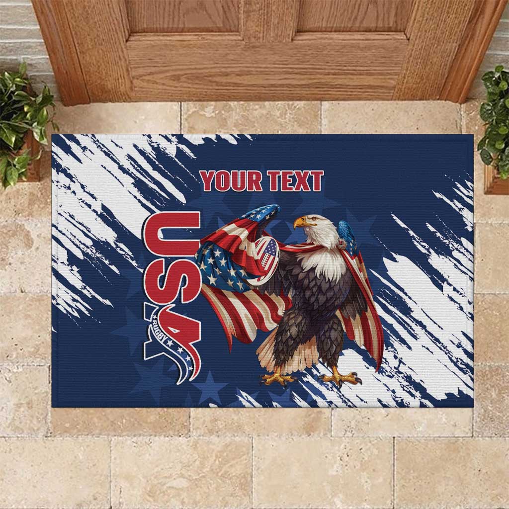 Custom USA Rugby Rubber Doormat Powerful Eagle Grunge Brush Style - Blue