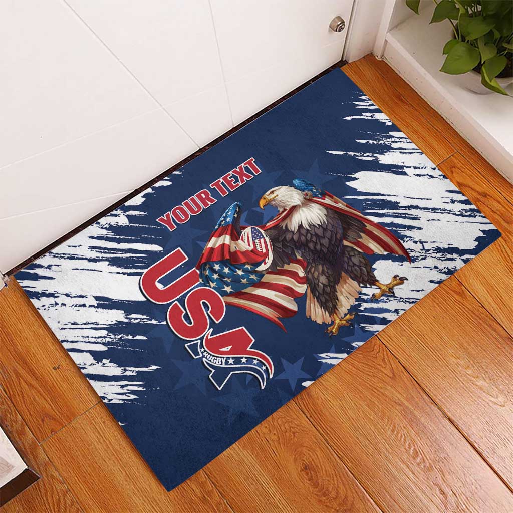 Blue rubber doormat with eagle and USA rugby grunge design, your text