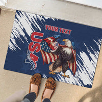 Blue rectangular rubber doormat with eagle and USA rugby grunge design, your text