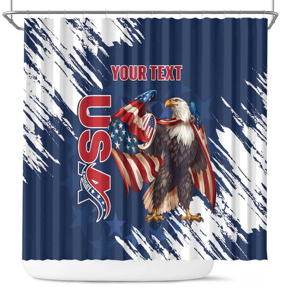 Custom USA Rugby Shower Curtain Powerful Eagle Grunge Brush Style - Blue