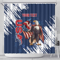 Blue shower curtain with eagle over waving flag, distressed brush background, 'YOUR TEXT'