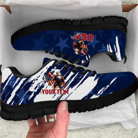 Blue low-top sneakers with USA eagle graphic, black outsole, and 'YOUR TEXT' print