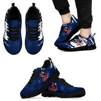 Blue low-top sneakers with USA eagle patch, 'YOUR TEXT' on side, black outsole